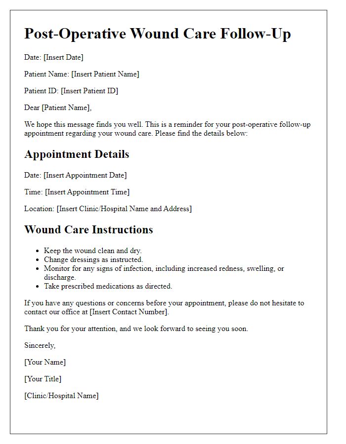 Letter template of post-operative wound care follow-up