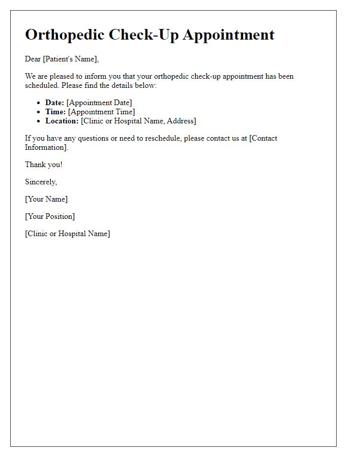 Letter template of orthopedic check-up scheduling