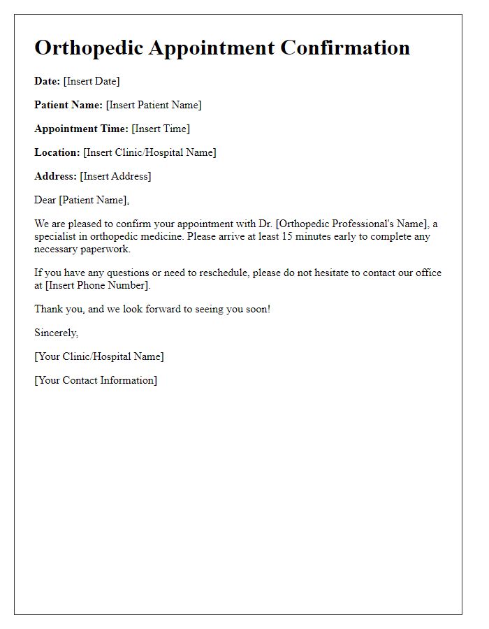 Letter template of orthopedic professional appointment arrangement