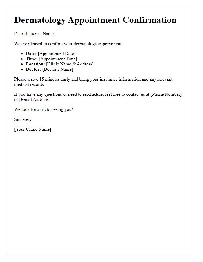 Letter template of dermatology appointment confirmation for adults.