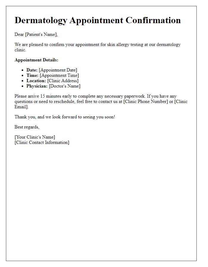 Letter template of dermatology appointment confirmation for skin allergy testing.