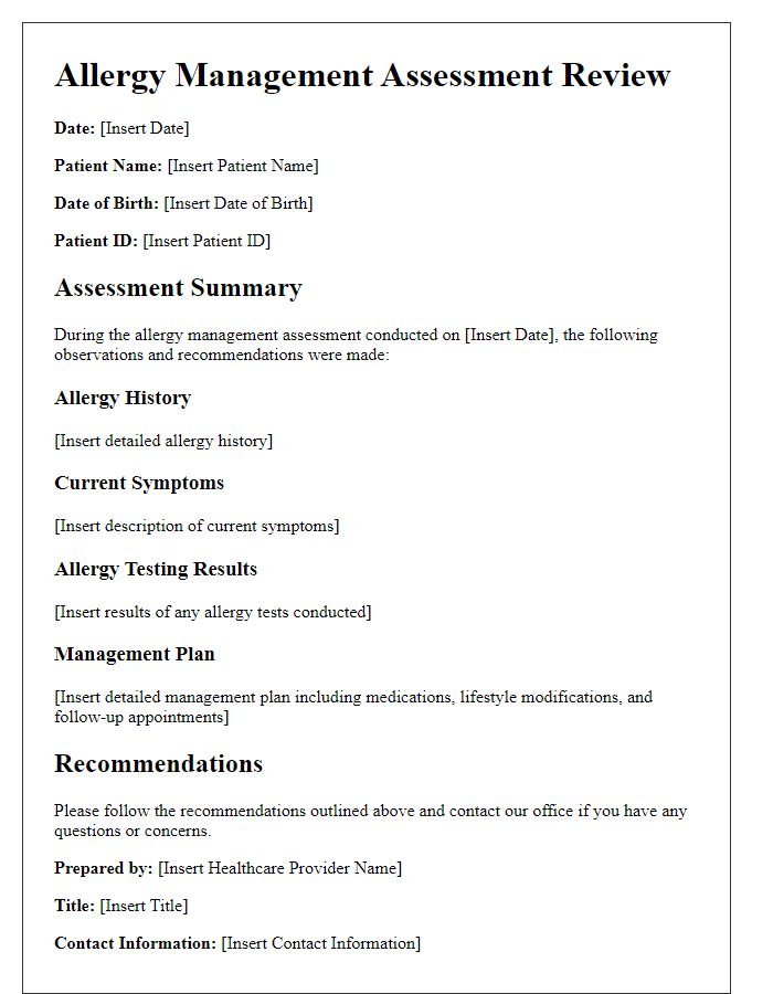 Letter template of allergy management assessment review