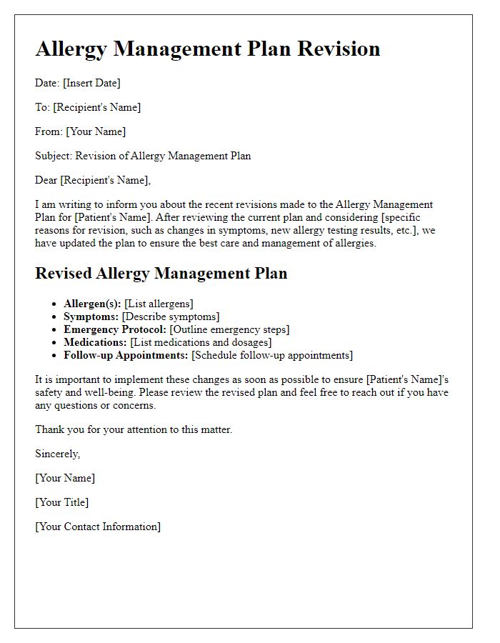 Letter template of allergy management plan revision