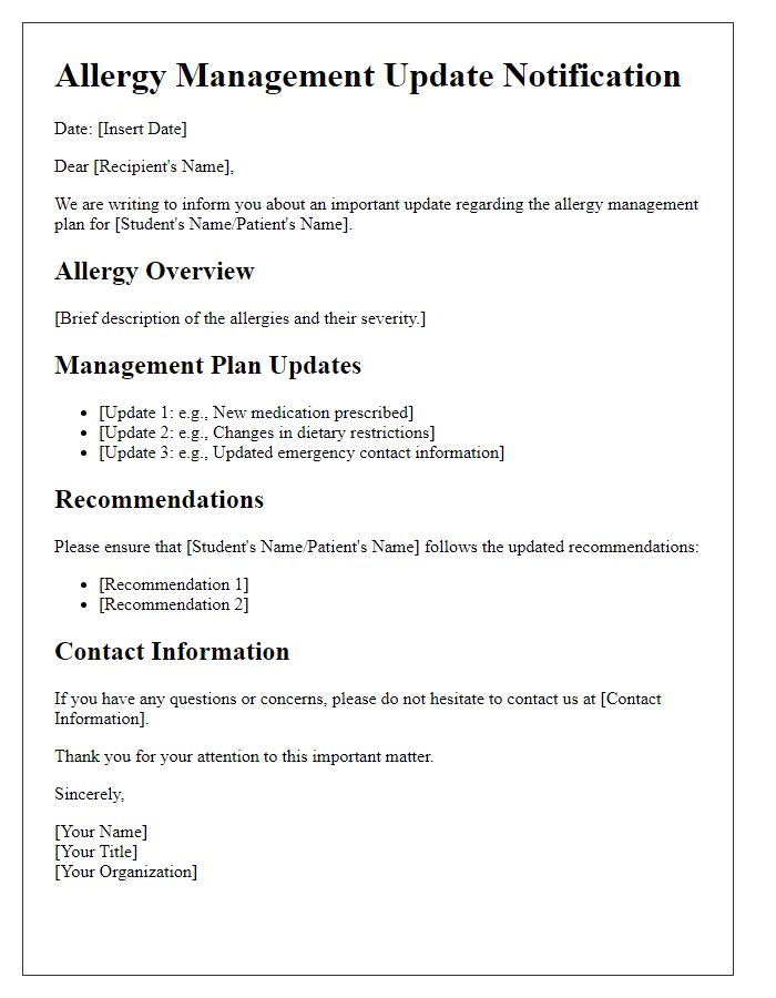 Letter template of allergy management update notification