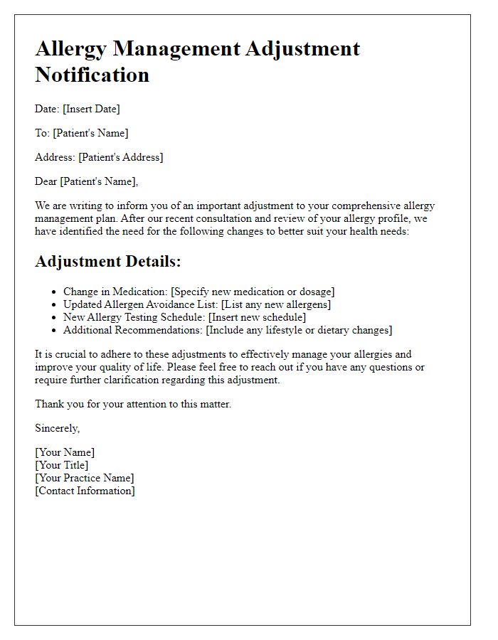 Letter template of comprehensive allergy management adjustment