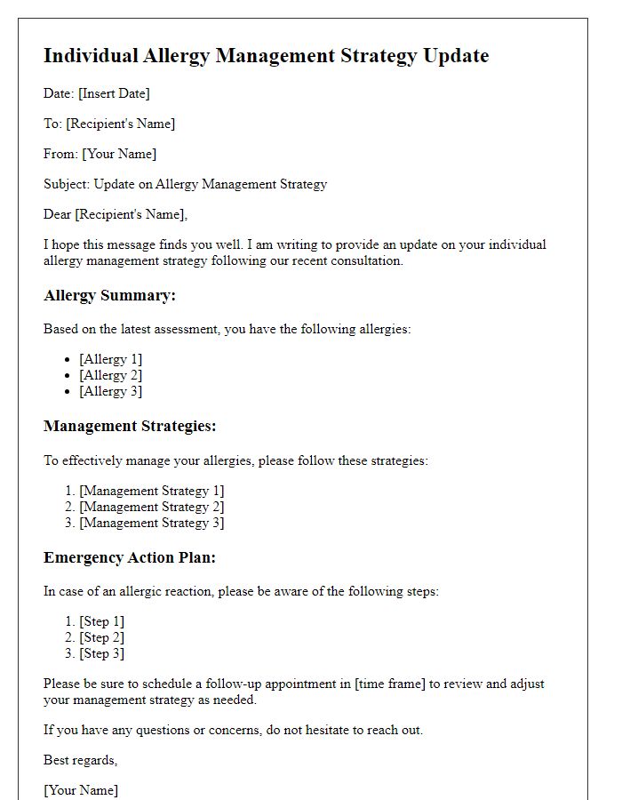 Letter template of individual allergy management strategy update