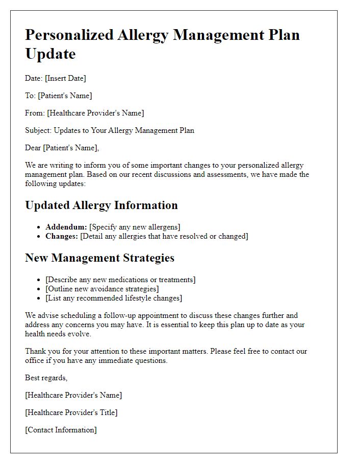 Letter template of personalized allergy management plan changes