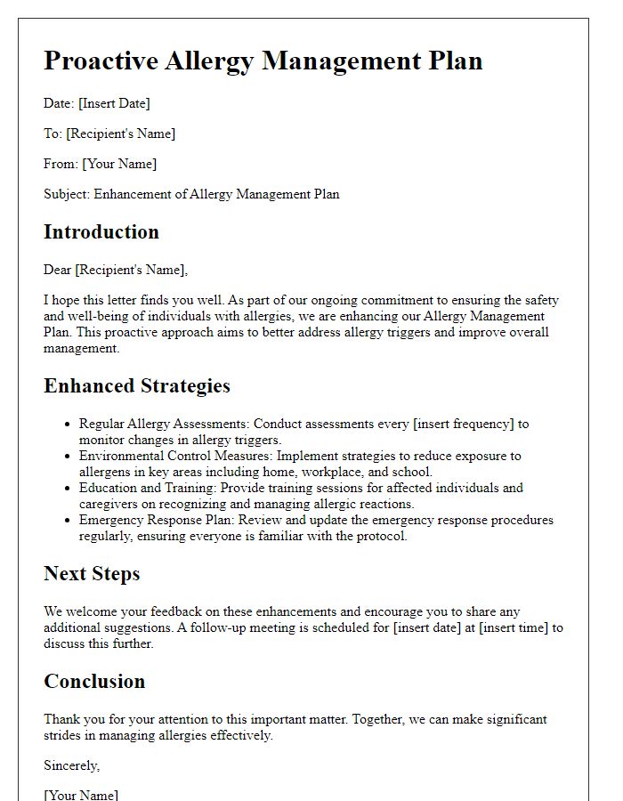 Letter template of proactive allergy management plan enhancement