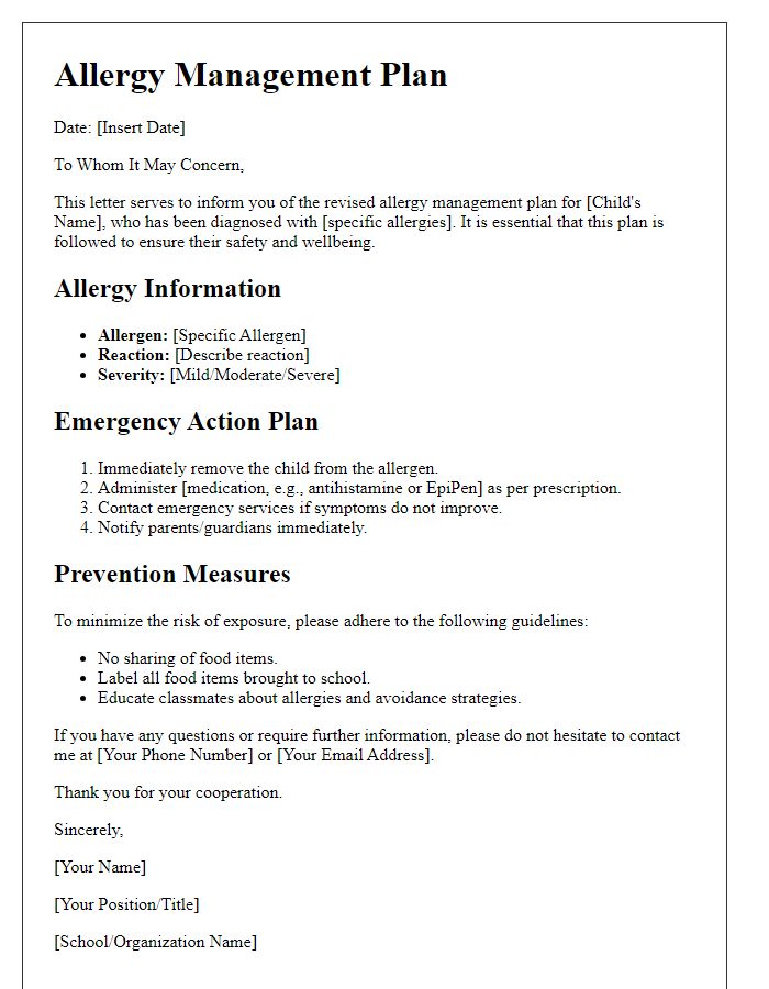 Letter template of revised allergy management plan