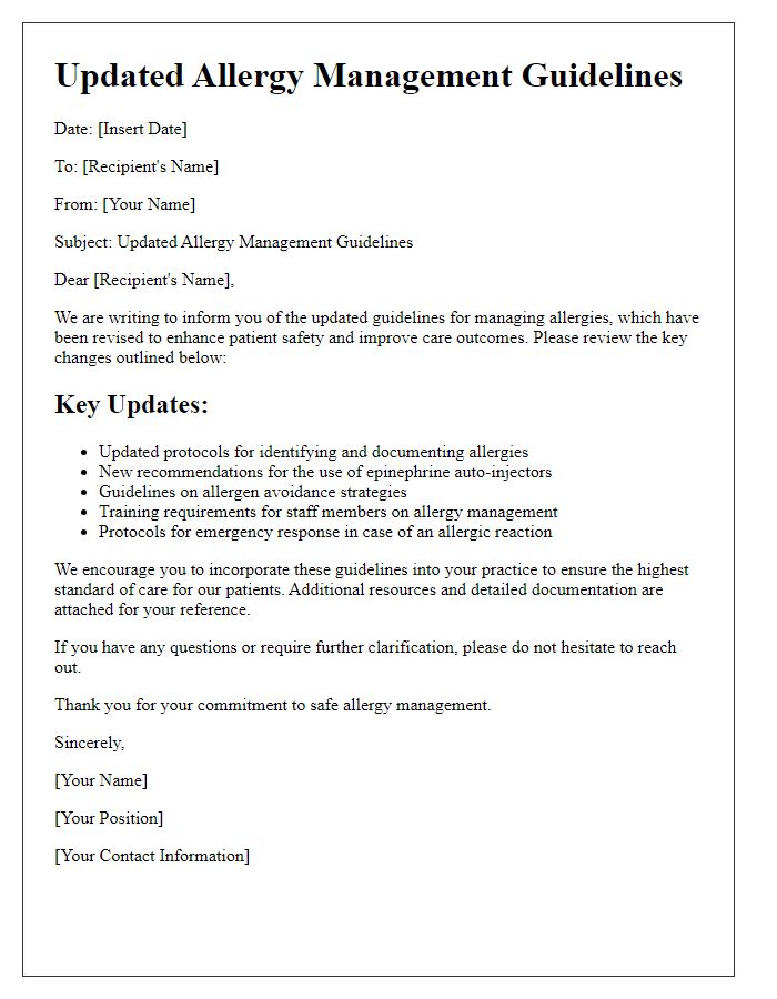 Letter template of updated allergy management guidelines