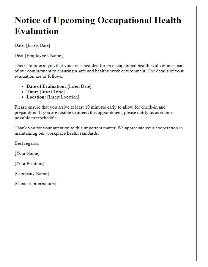 Letter template of Notice for Upcoming Occupational Health Evaluation