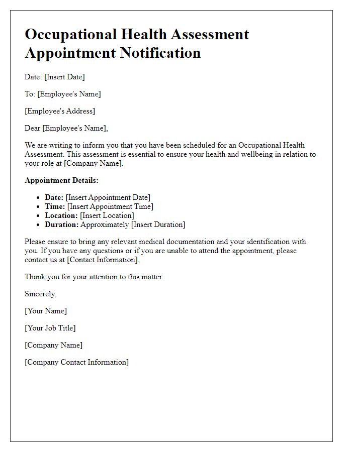 Letter template of Occupational Health Assessment Appointment Notification