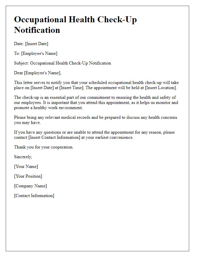 Letter template of Occupational Health Check-Up Notification