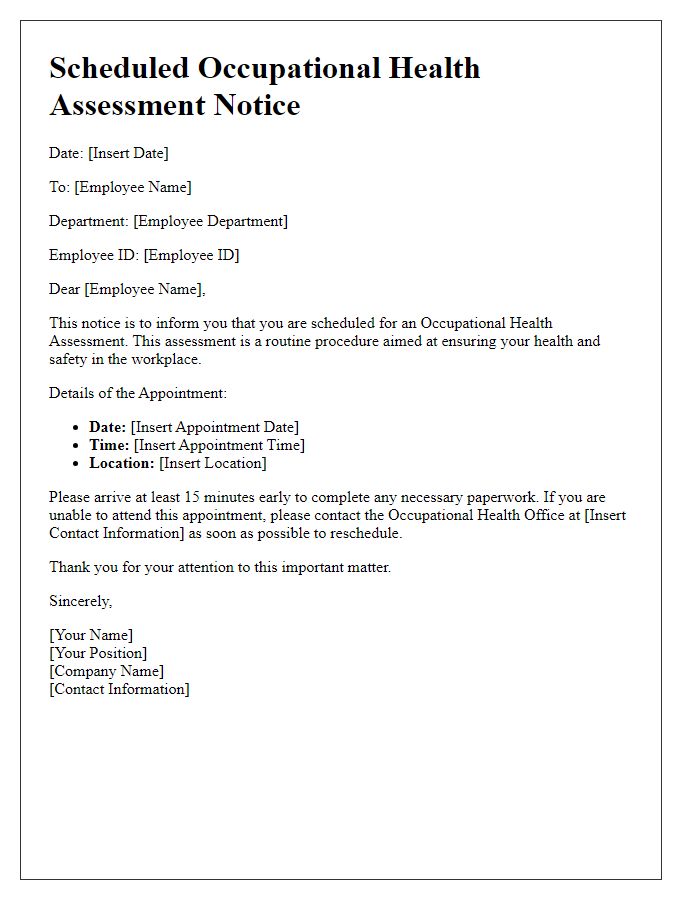 Letter template of Scheduled Occupational Health Assessment Notice