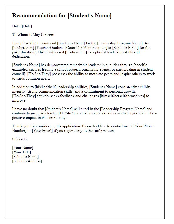 Letter template of high school recommendation for leadership program.