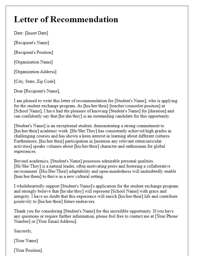 Letter template of high school recommendation for student exchange program.