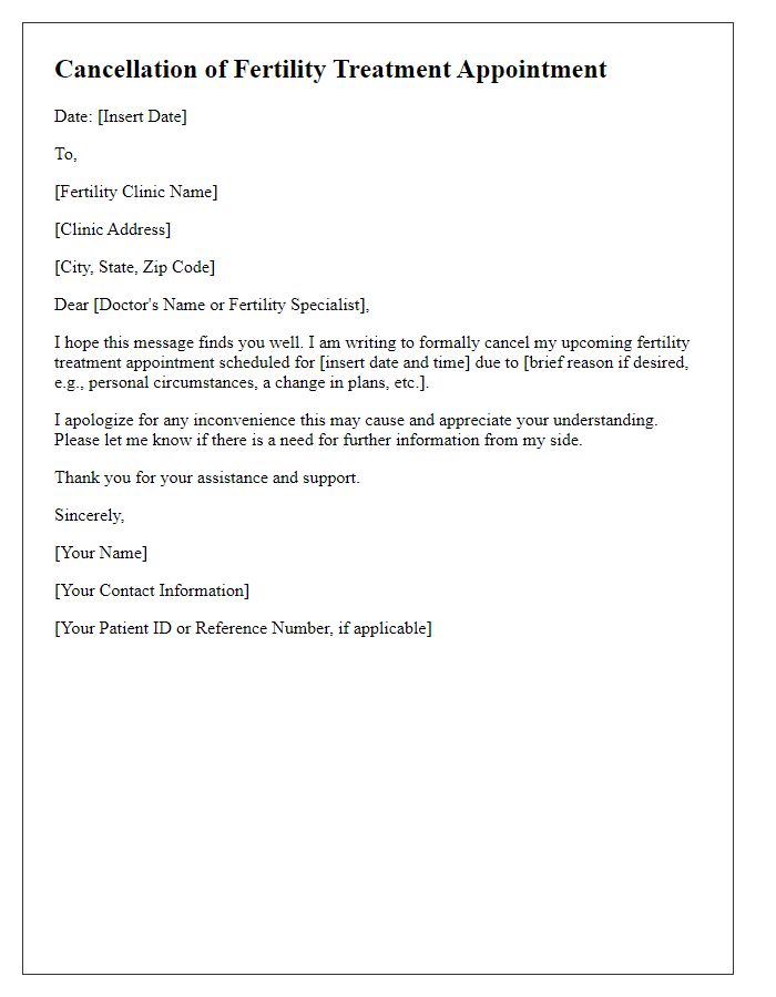 Letter template of cancellation for fertility treatment appointment