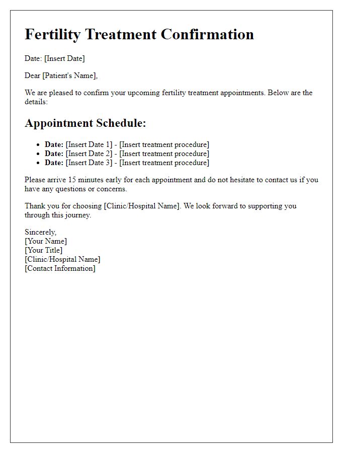 Letter template of confirmation for fertility treatment dates