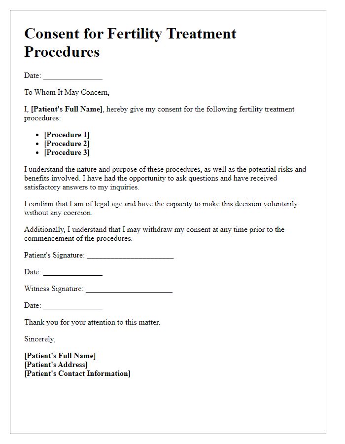 Letter template of consent for fertility treatment procedures