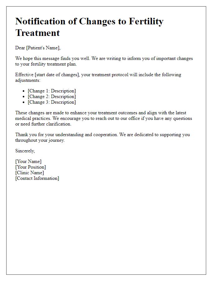 Letter template of notification for fertility treatment changes