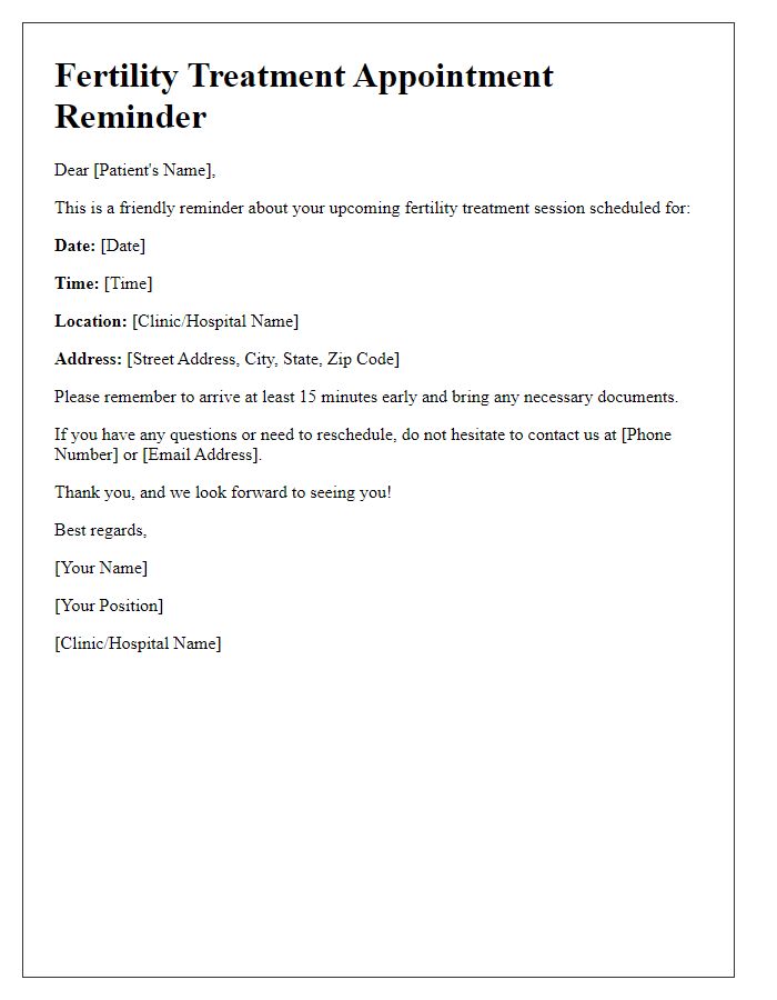 Letter template of reminders for fertility treatment sessions