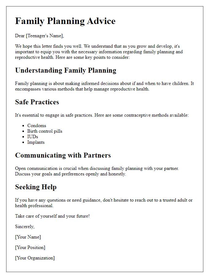 Letter template of Family Planning Advice for Teenagers