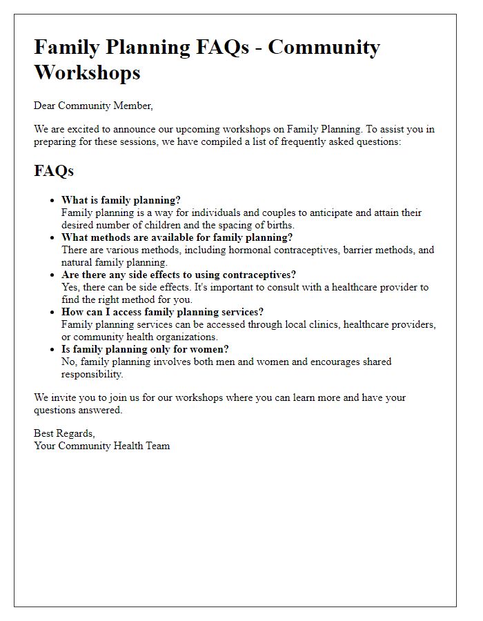 Letter template of Family Planning FAQs for Community Workshops