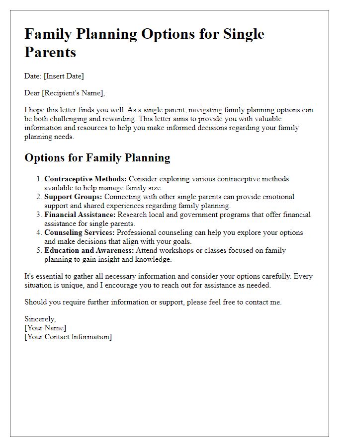 Letter template of Family Planning Options for Single Parents