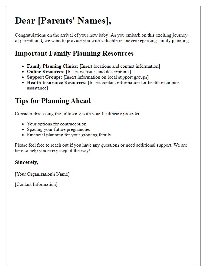 Letter template of Family Planning Resources for New Parents