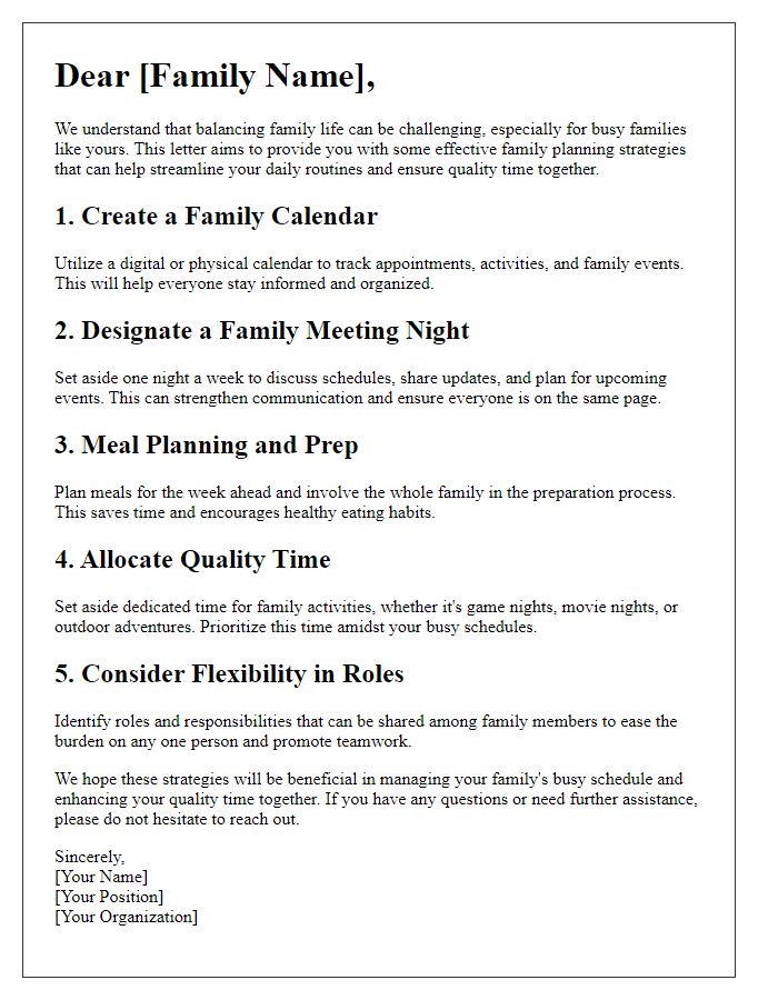 Letter template of Family Planning Strategies for Busy Families