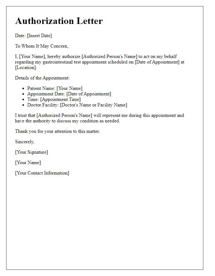 Letter template of authorization for gastrointestinal test appointment.