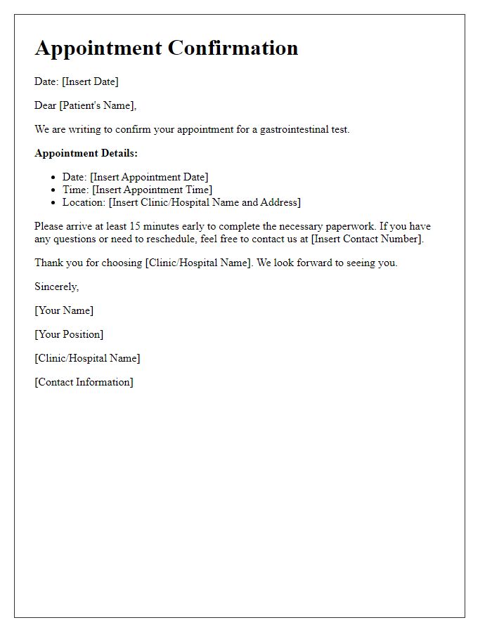 Letter template of confirmation for gastrointestinal test appointment