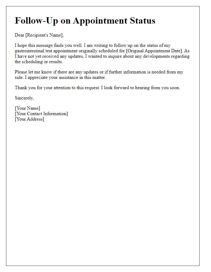 Letter template of follow-up on gastrointestinal test appointment status