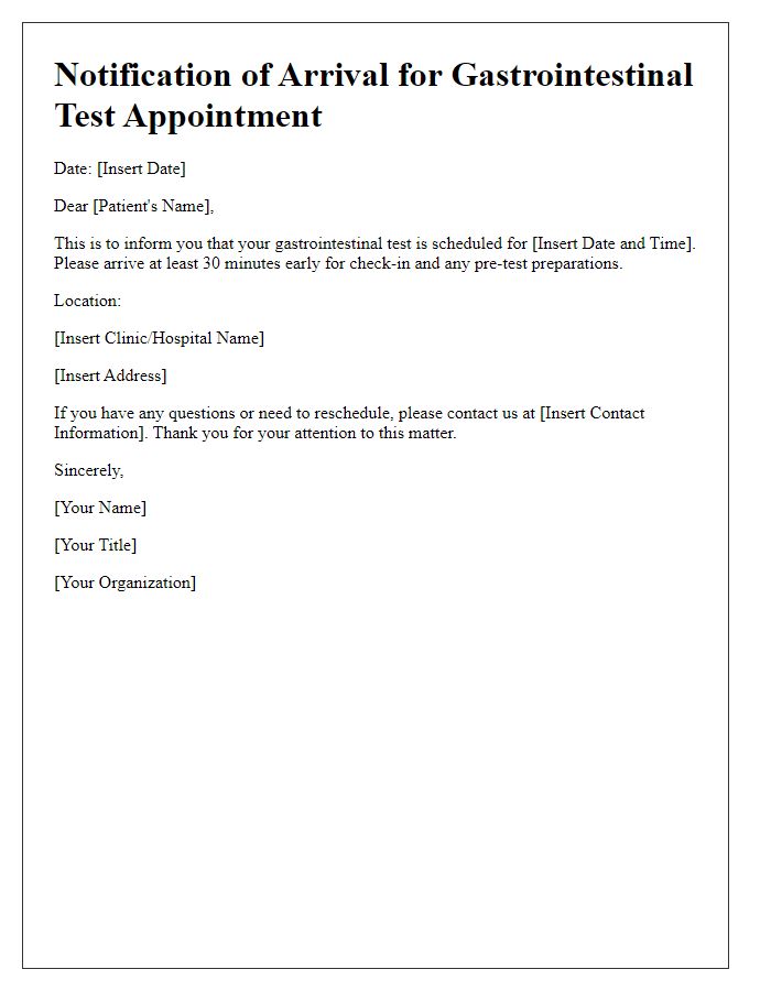 Letter template of notification of arrival for gastrointestinal test appointment