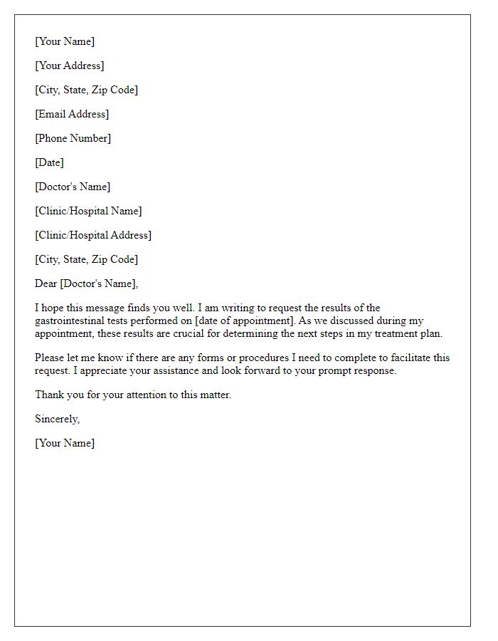 Letter template of request for gastrointestinal test results after appointment