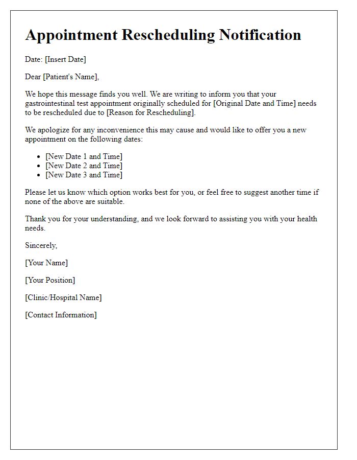 Letter template of rescheduling gastrointestinal test appointment