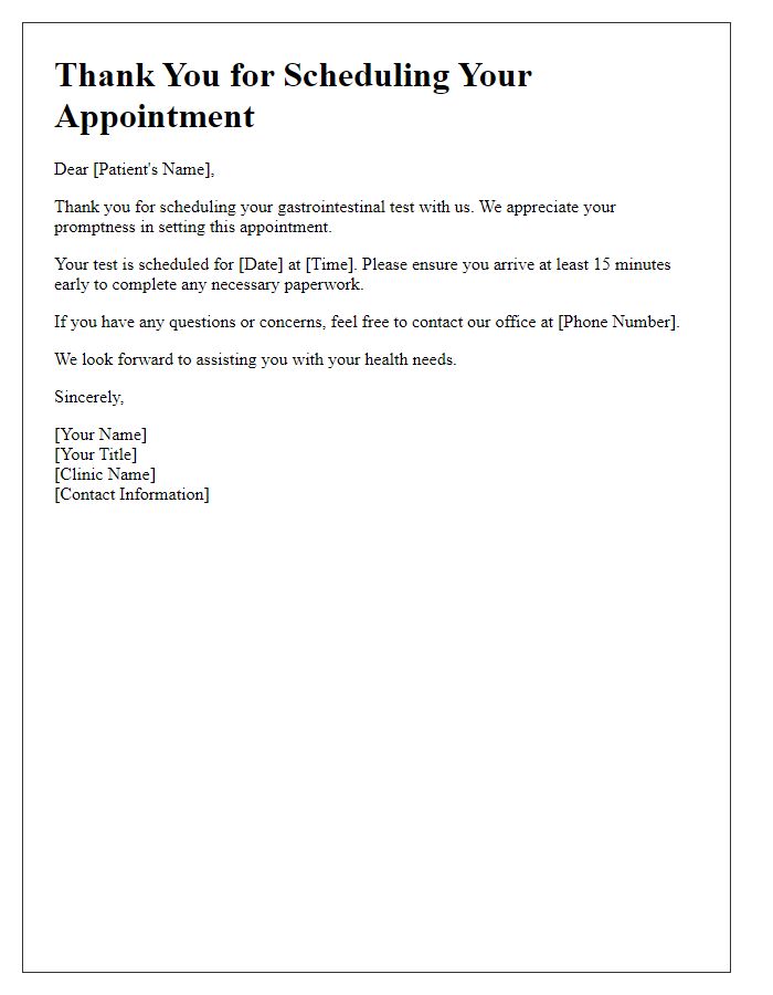 Letter template of thank you for gastrointestinal test appointment scheduling