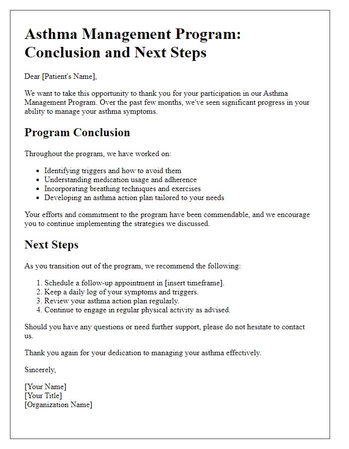 Letter template of asthma management program conclusion and next steps