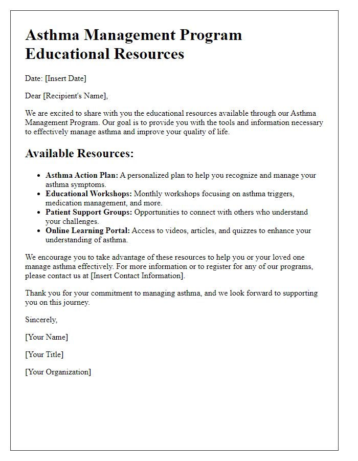 Letter template of asthma management program educational resources