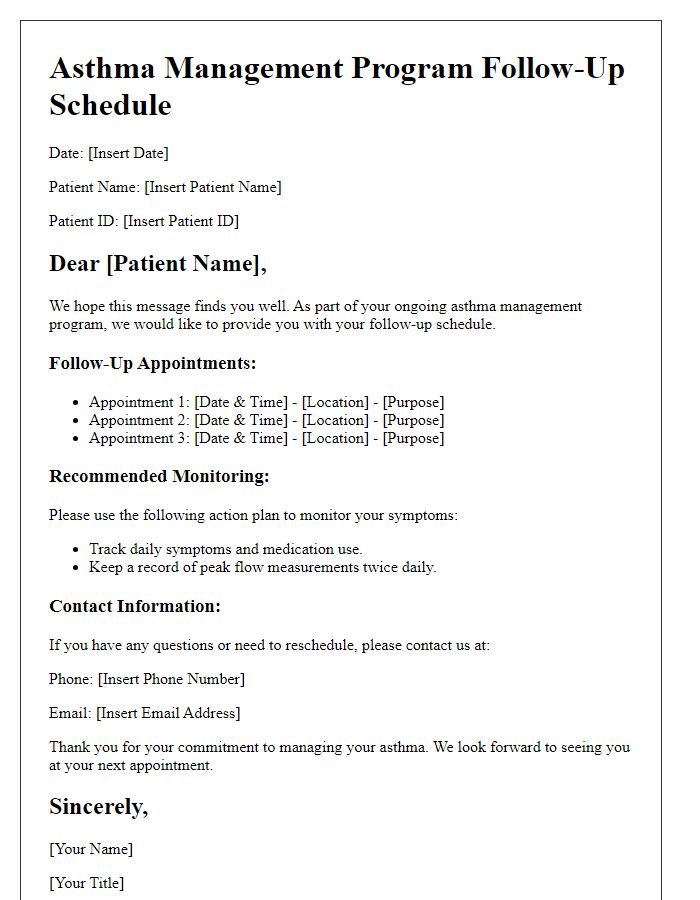 Letter template of asthma management program follow-up schedule