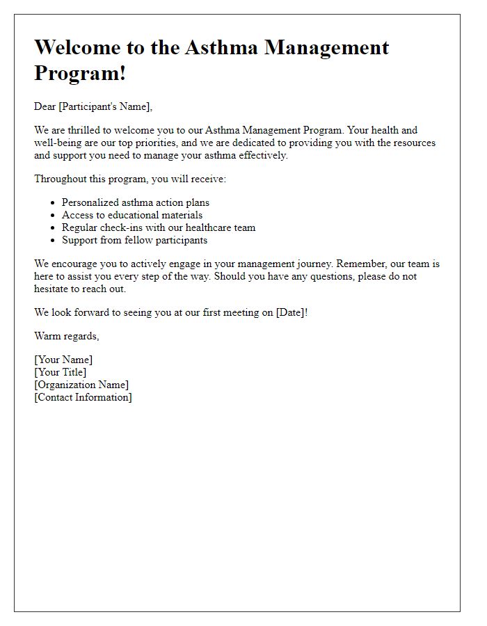 Letter template of asthma management program participant welcoming