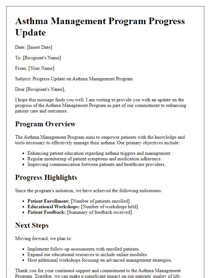 Letter template of asthma management program progress update