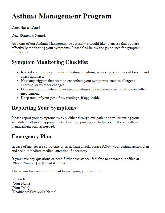 Letter template of asthma management program symptom monitoring