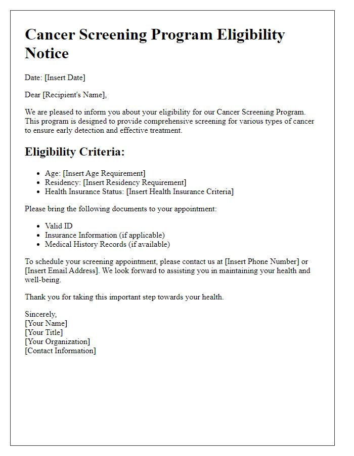 Letter template of cancer screening program eligibility notice