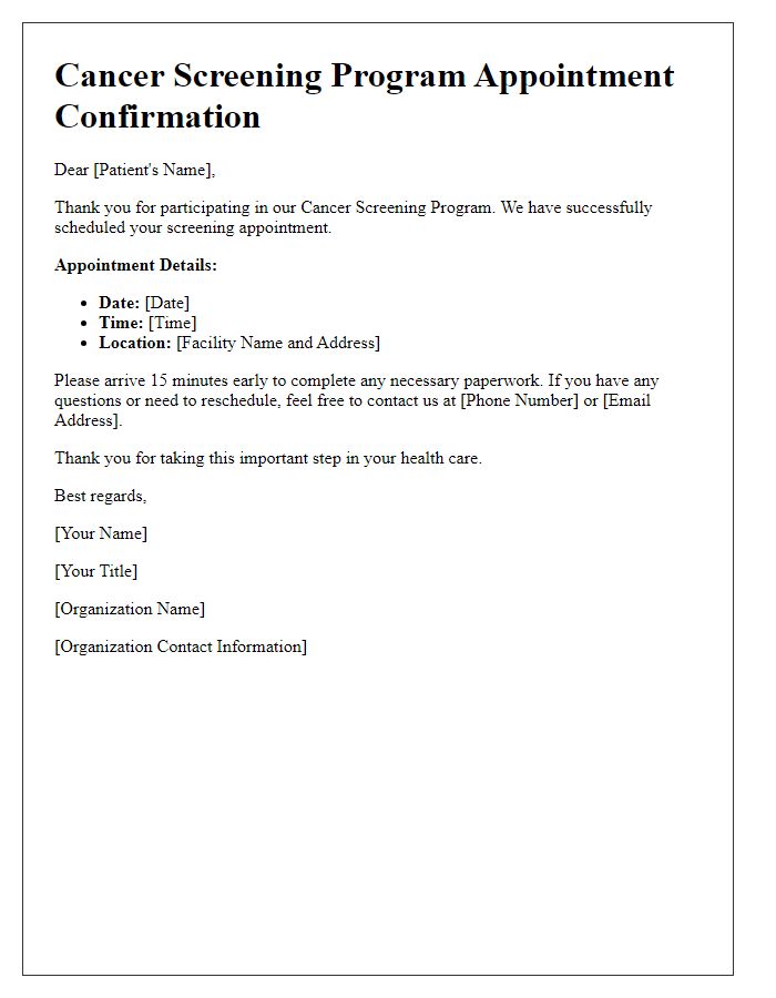 Letter template of cancer screening program scheduling