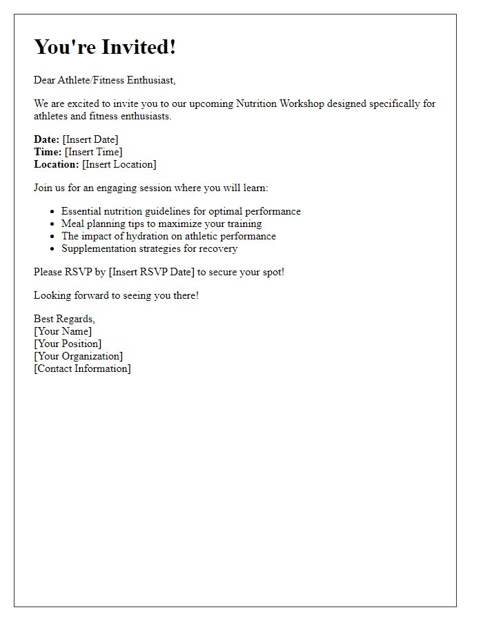 Letter template of nutrition workshop invitation for athletes and fitness enthusiasts.