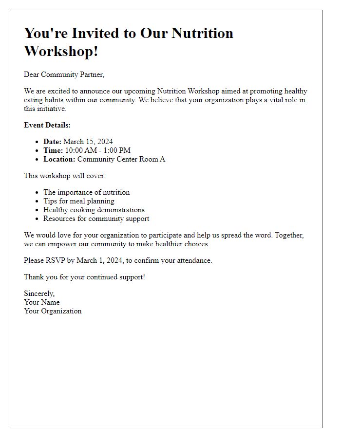 Letter template of nutrition workshop invitation for community organizations.