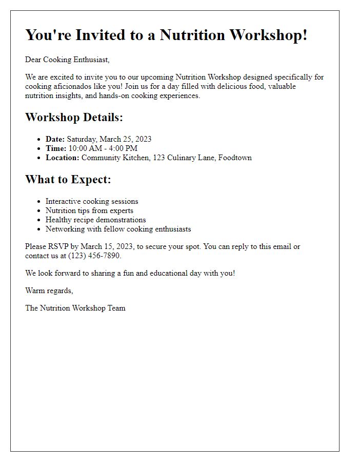 Letter template of nutrition workshop invitation for cooking enthusiasts.