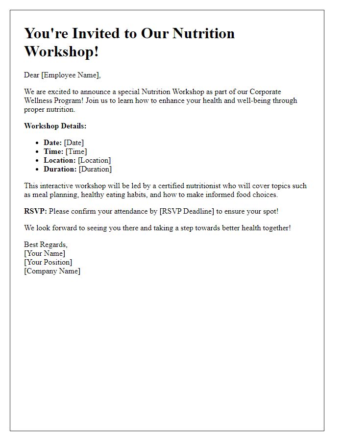 Letter template of nutrition workshop invitation for corporate wellness programs.