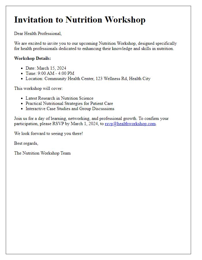 Letter template of nutrition workshop invitation for health professionals.